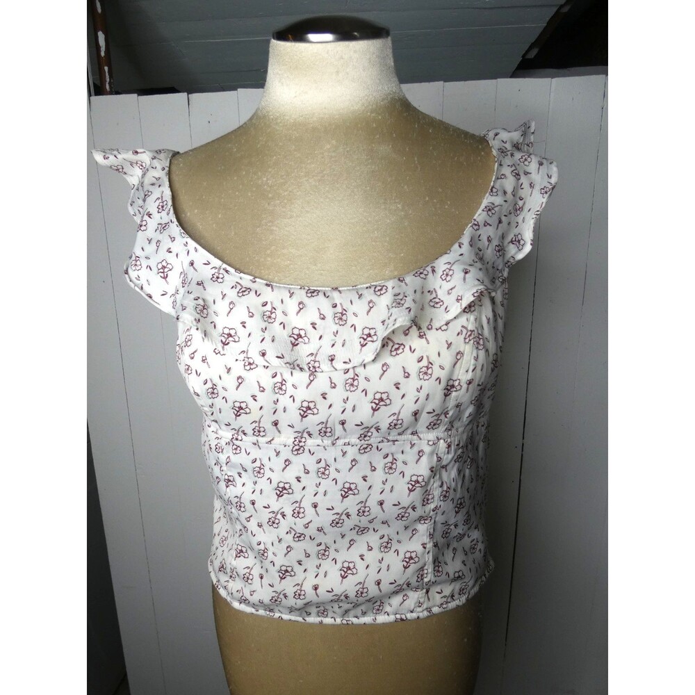 Free People Women's M Stay With You Top Crop White Red Floral Ruffle Smocked